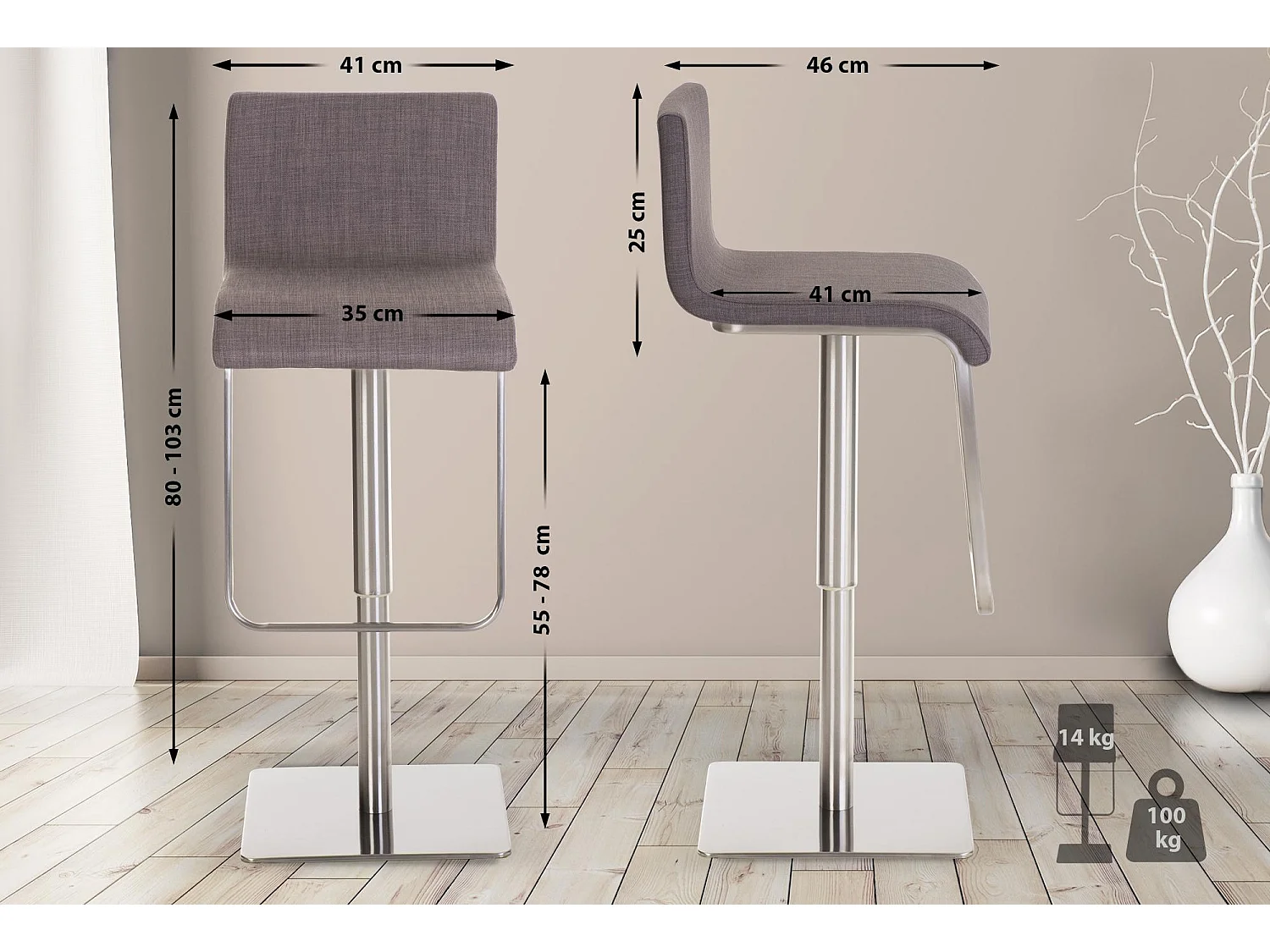 Tabouret de bar - Tissu & Acier inoxydable - Gris - Limon