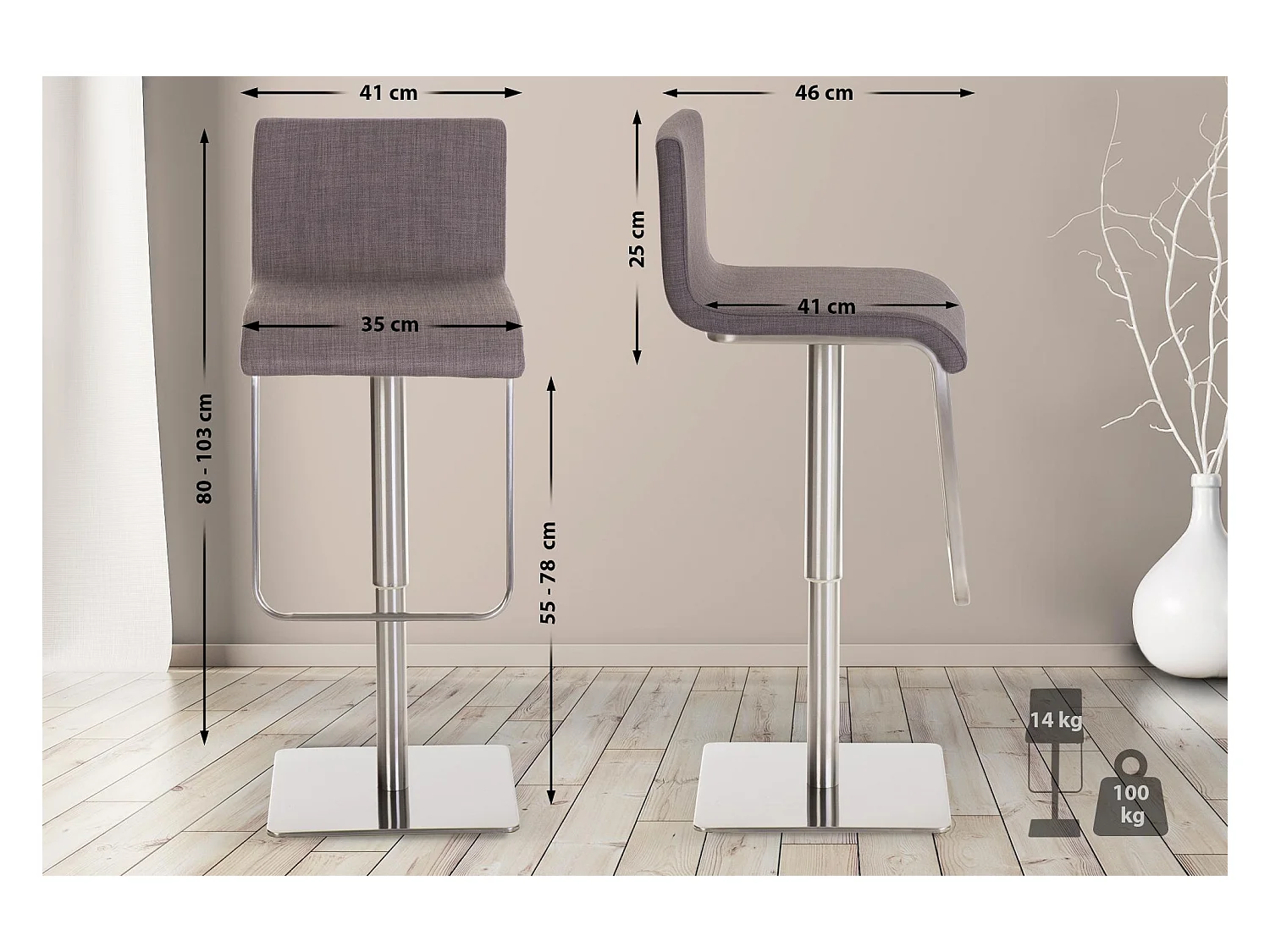 Tabouret de bar - Tissu & Acier inoxydable - Gris - Limon