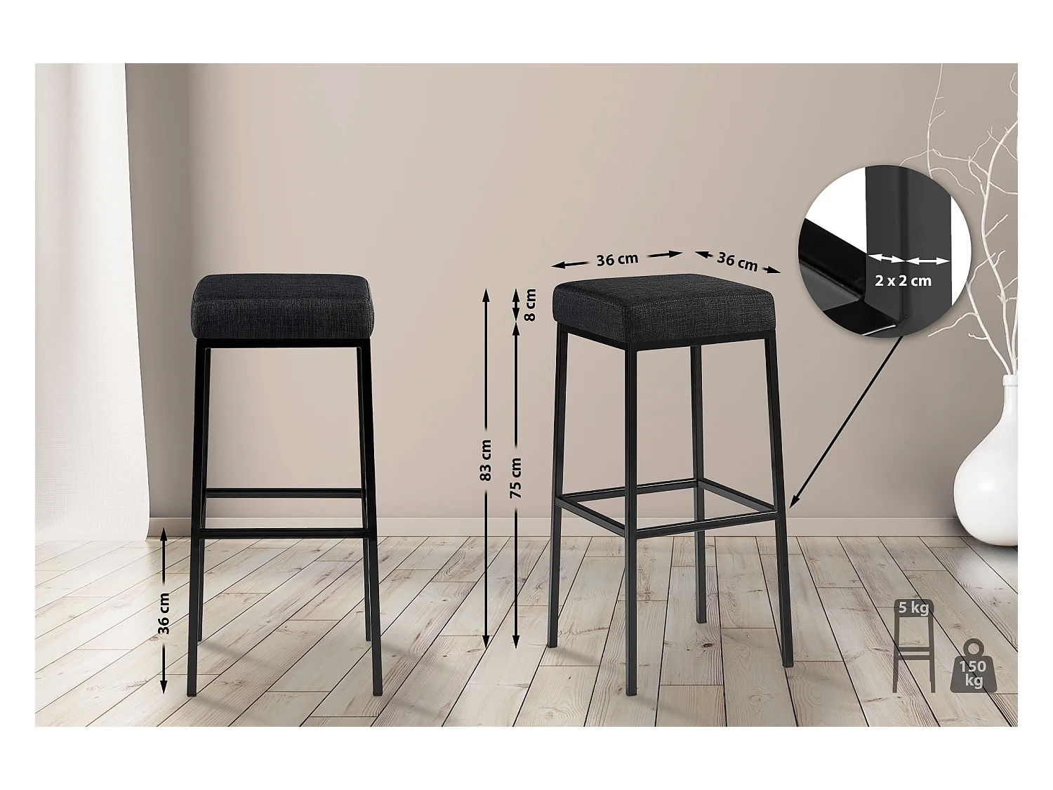 Lot de 2  Tabouret de bar - Tissu & Noir - Gris foncé - Montreal 85