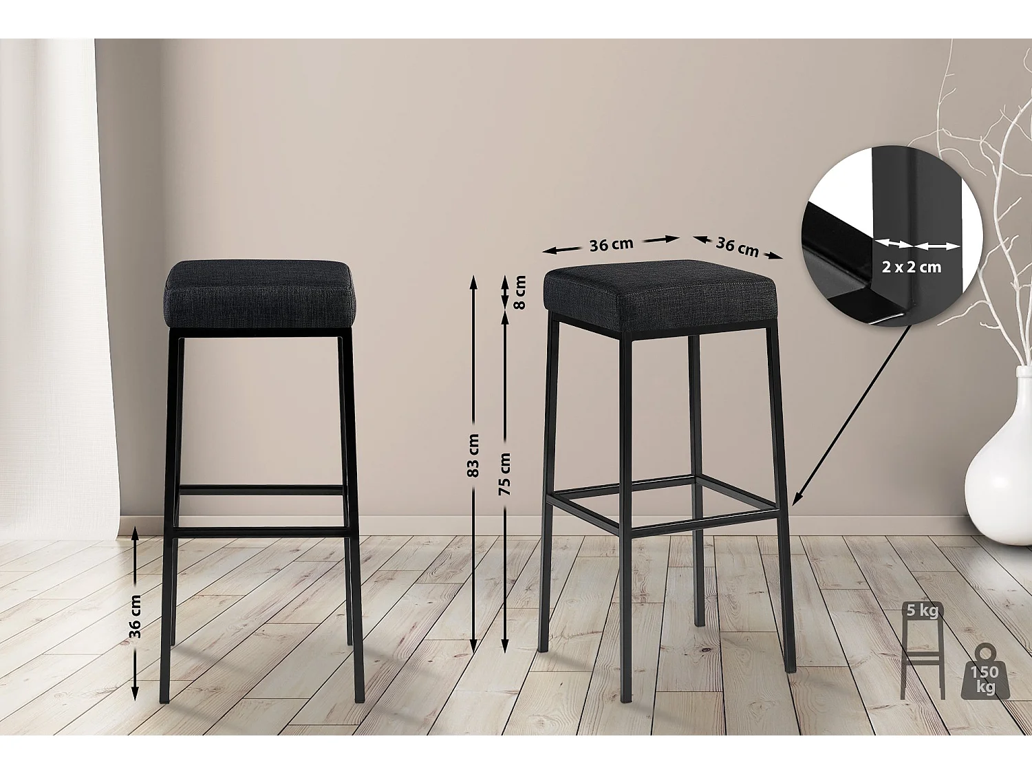 Lot de 2  Tabouret de bar - Tissu & Noir - Gris foncé - Montreal 85