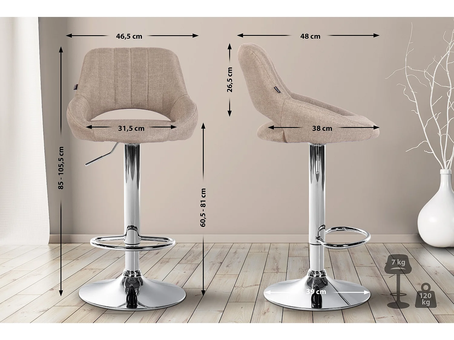 Tabouret de bar - Tissu & Chrome - Taupe - Milet