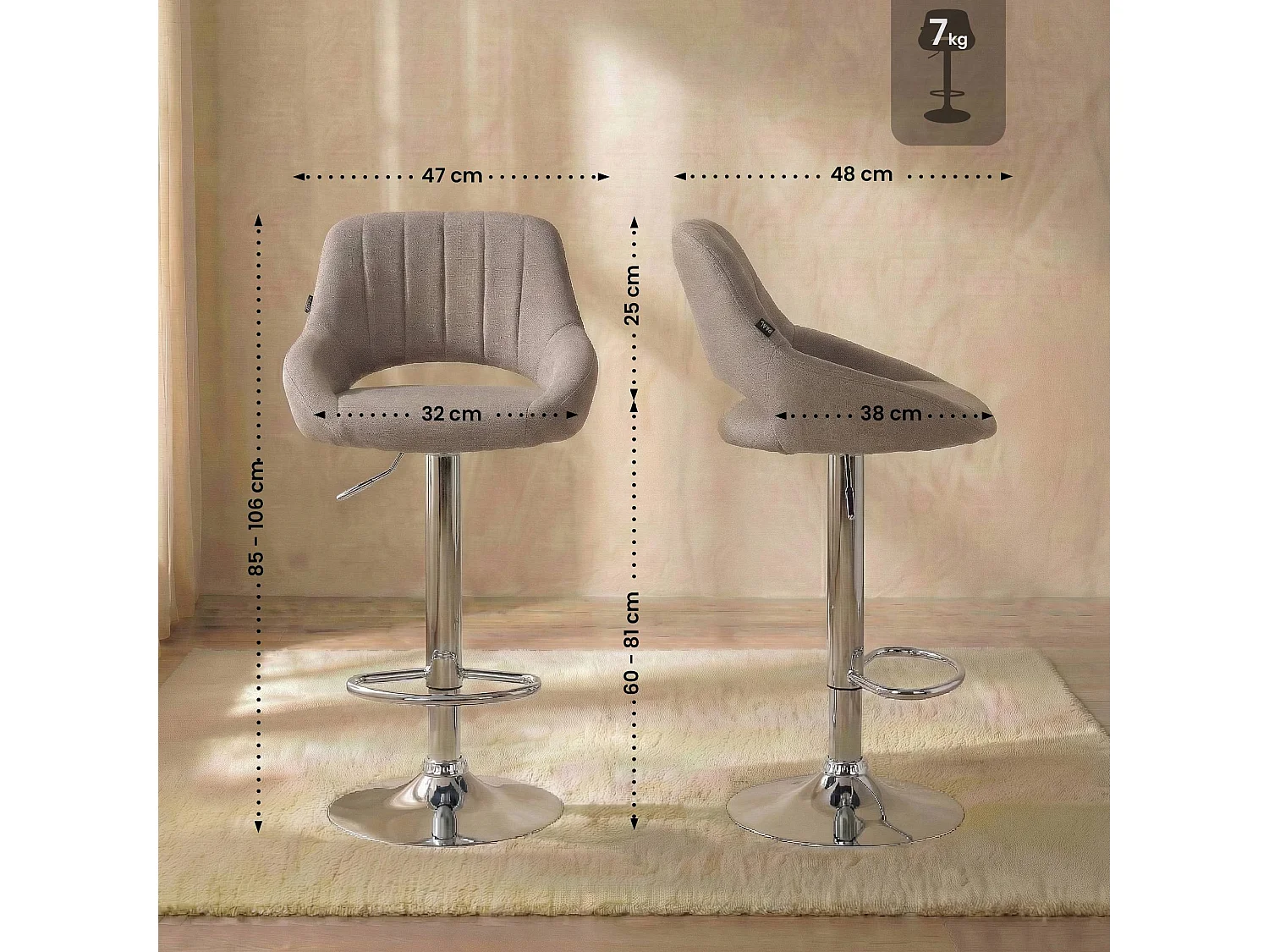 Tabouret de bar - Tissu & Chrome - Taupe - Milet