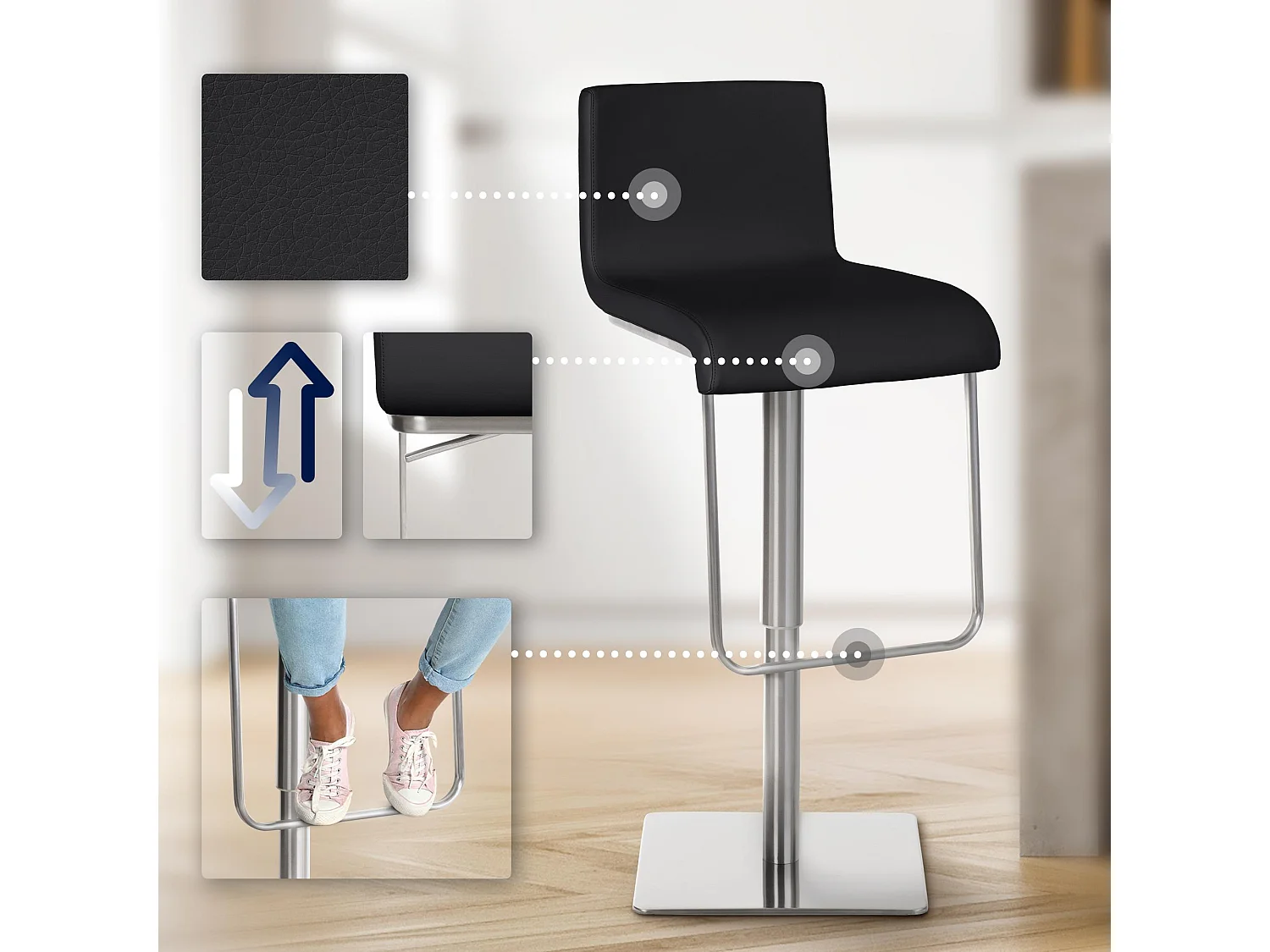 Tabouret de bar - Similicuir & Acier inoxydable - Noir - Limon