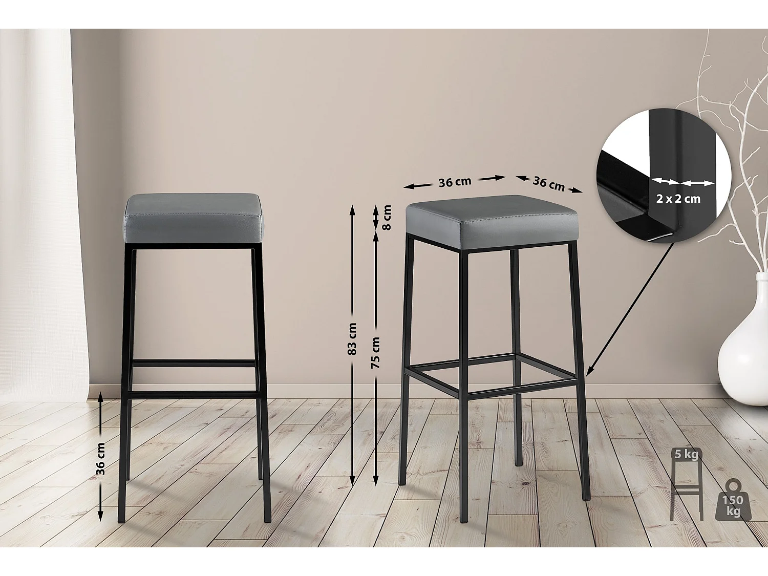 Lot de 2  Tabouret de bar - Similicuir & Noir - Gris - Montreal 85