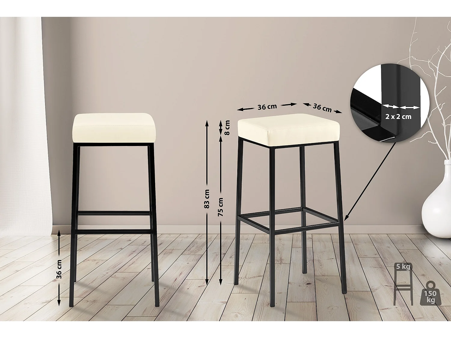 Lot de 2  Tabouret de bar - Similicuir & Noir - Crème - Montreal 85