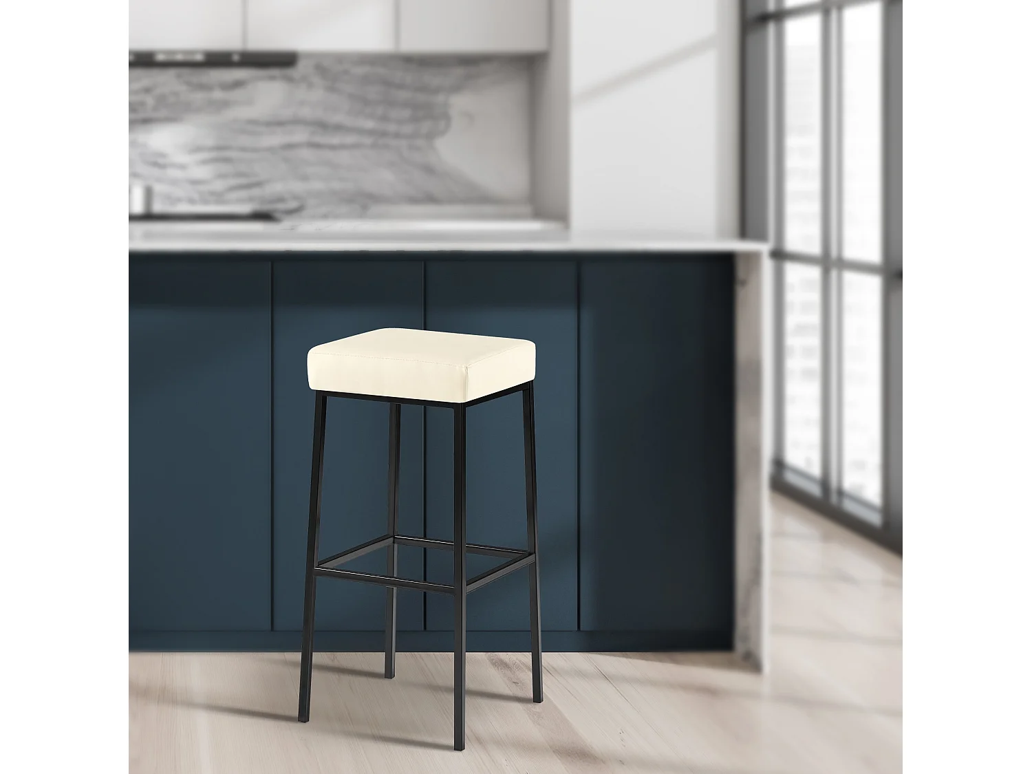 Lot de 2  Tabouret de bar - Similicuir & Noir - Crème - Montreal 85