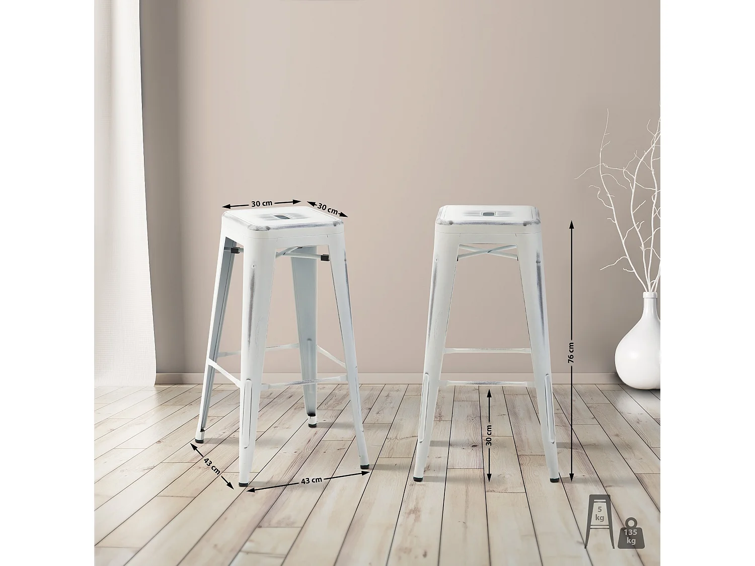 Lot de 2  Tabouret de bar - Métal & Antique clair - Blanc antique - Joshua