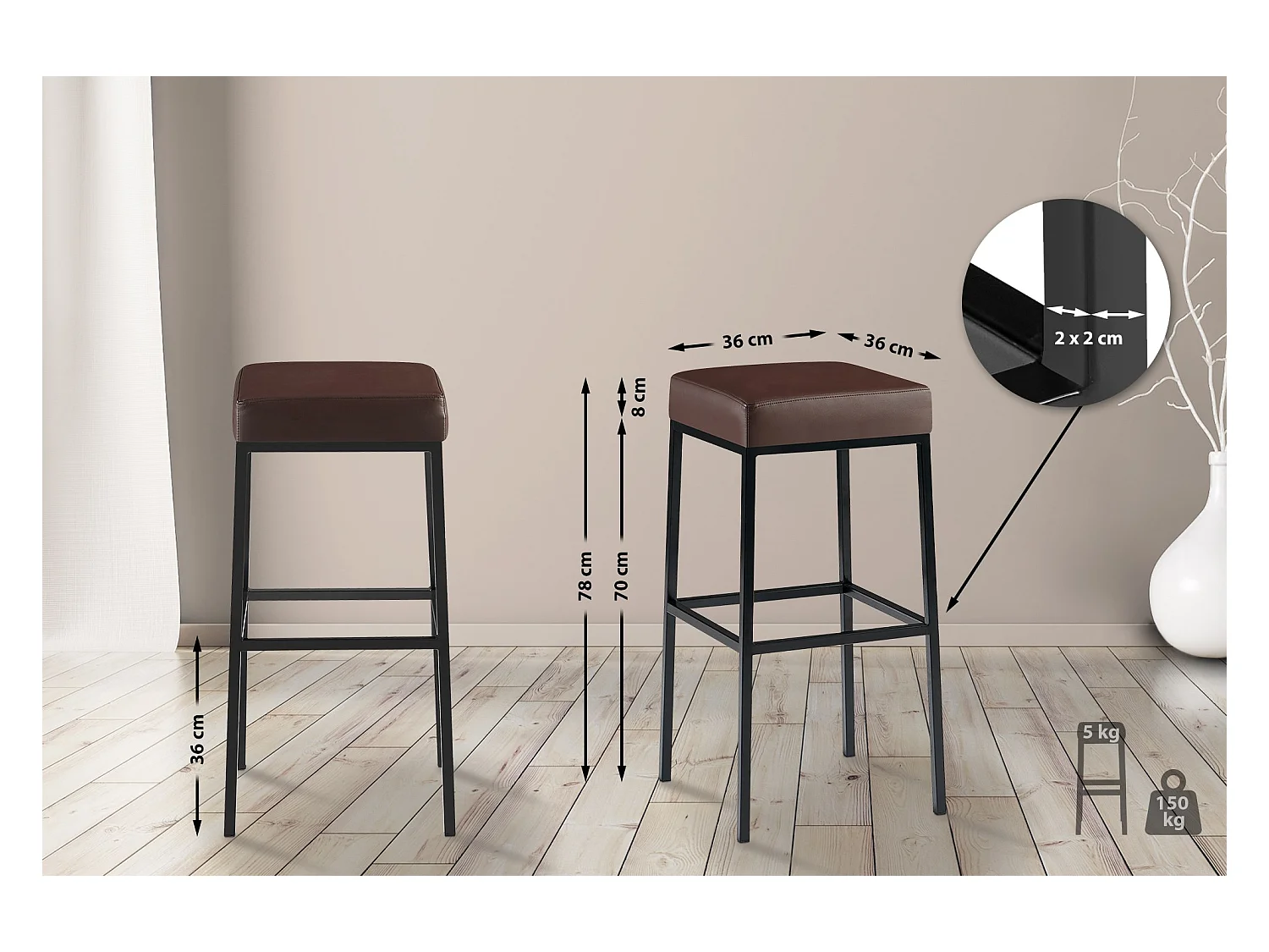 2er Set Barhocker - Kunstleder & schwarz - braun - Montreal 80