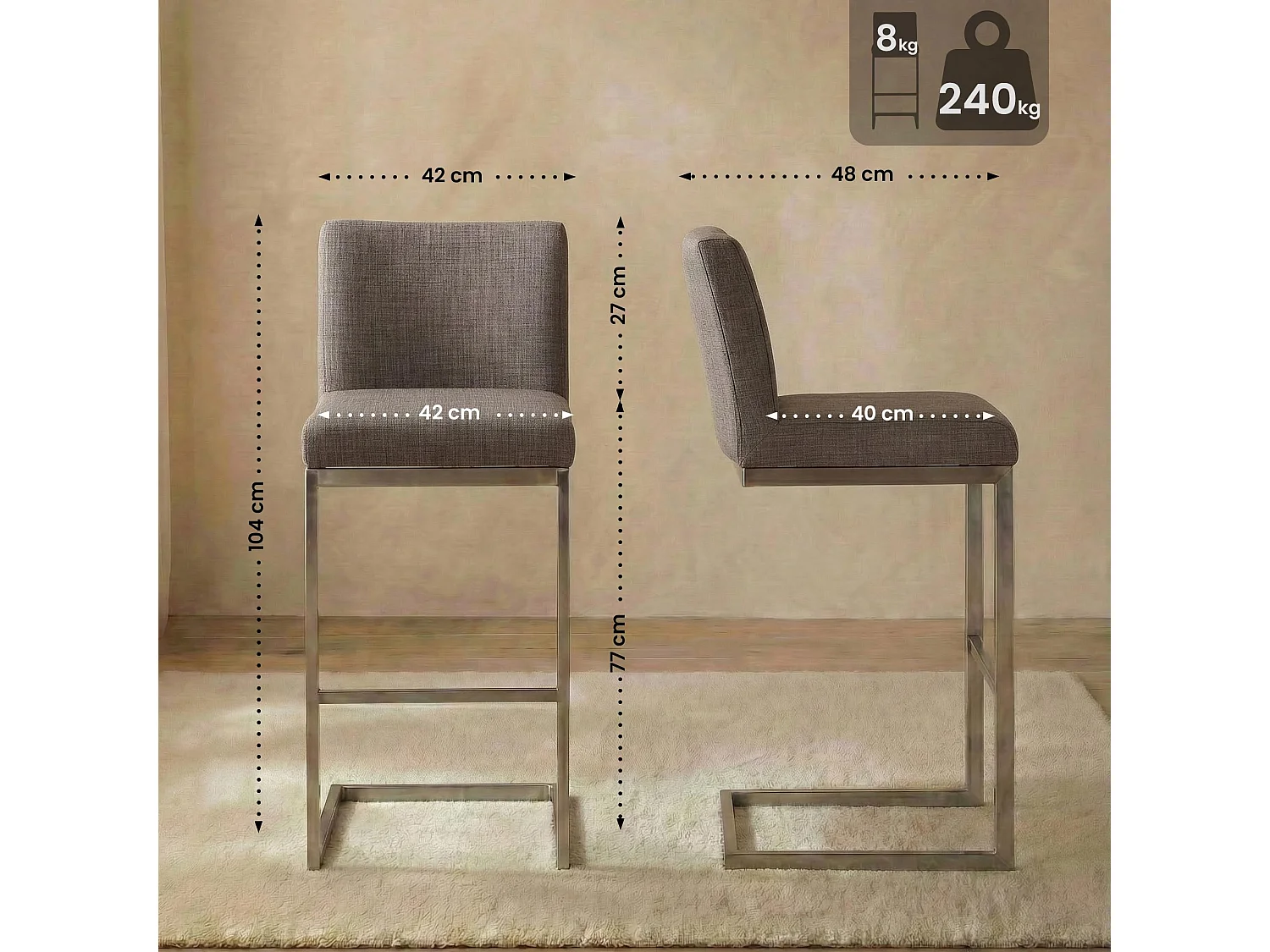 Tabouret de bar - Tissu - Gris - Paros