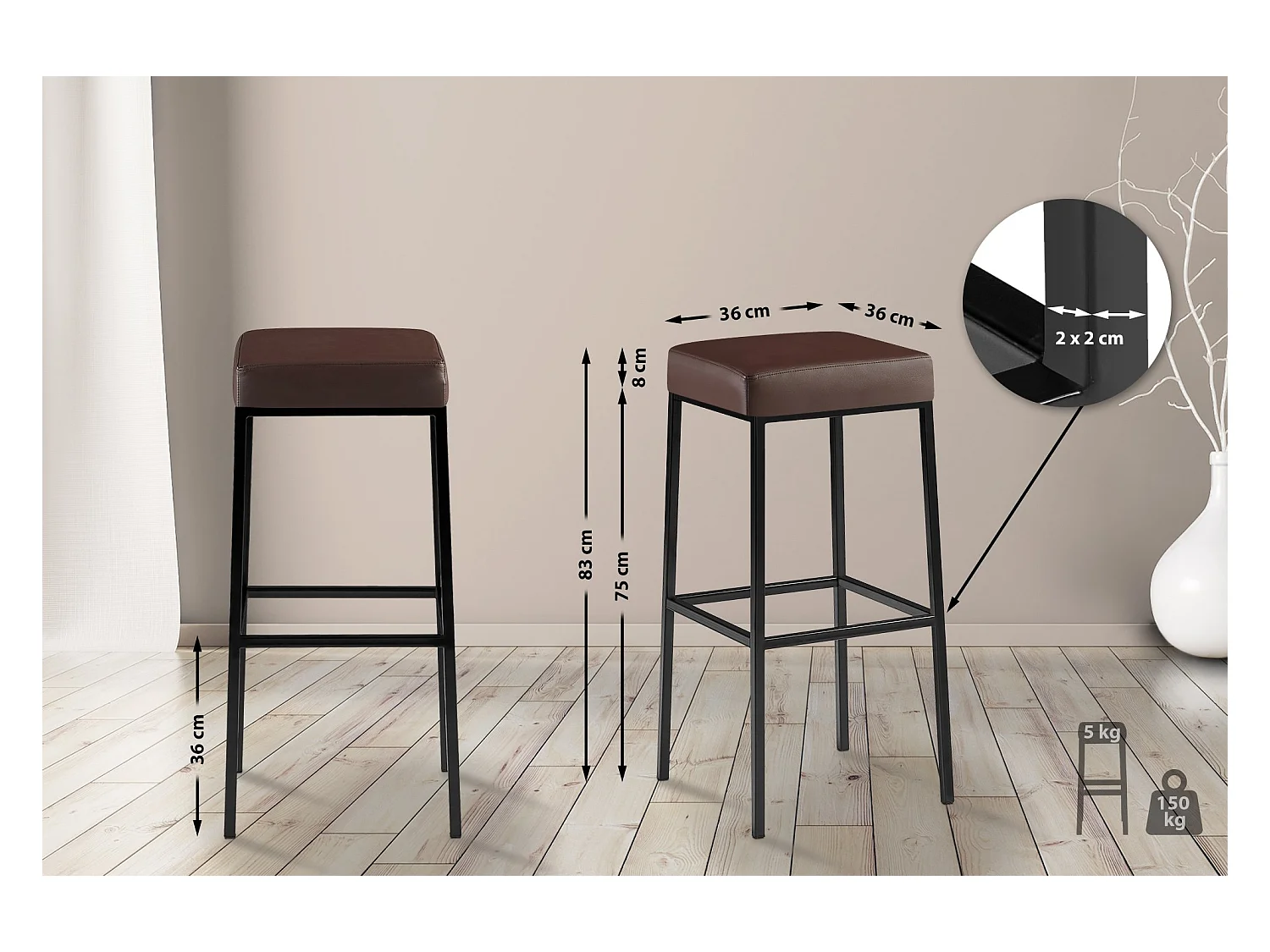 2er Set Barhocker - Kunstleder & schwarz - braun - Montreal 85