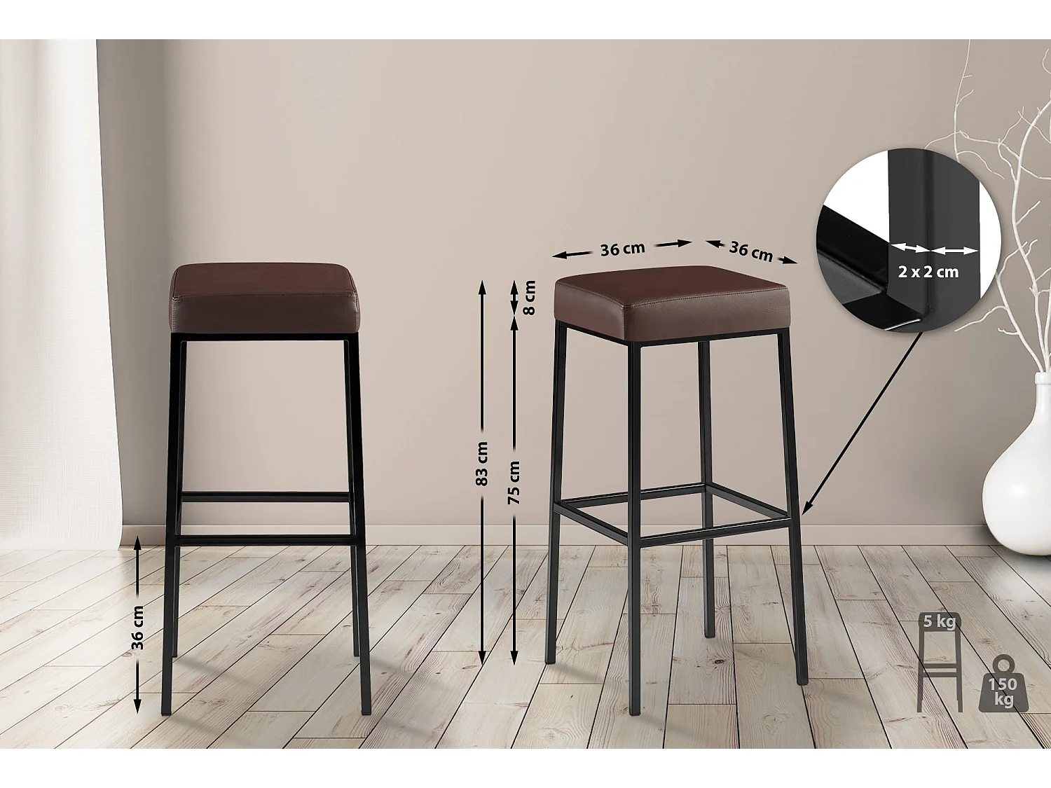 Lot de 2  Tabouret de bar - Similicuir & Noir - Marron - Montreal 85