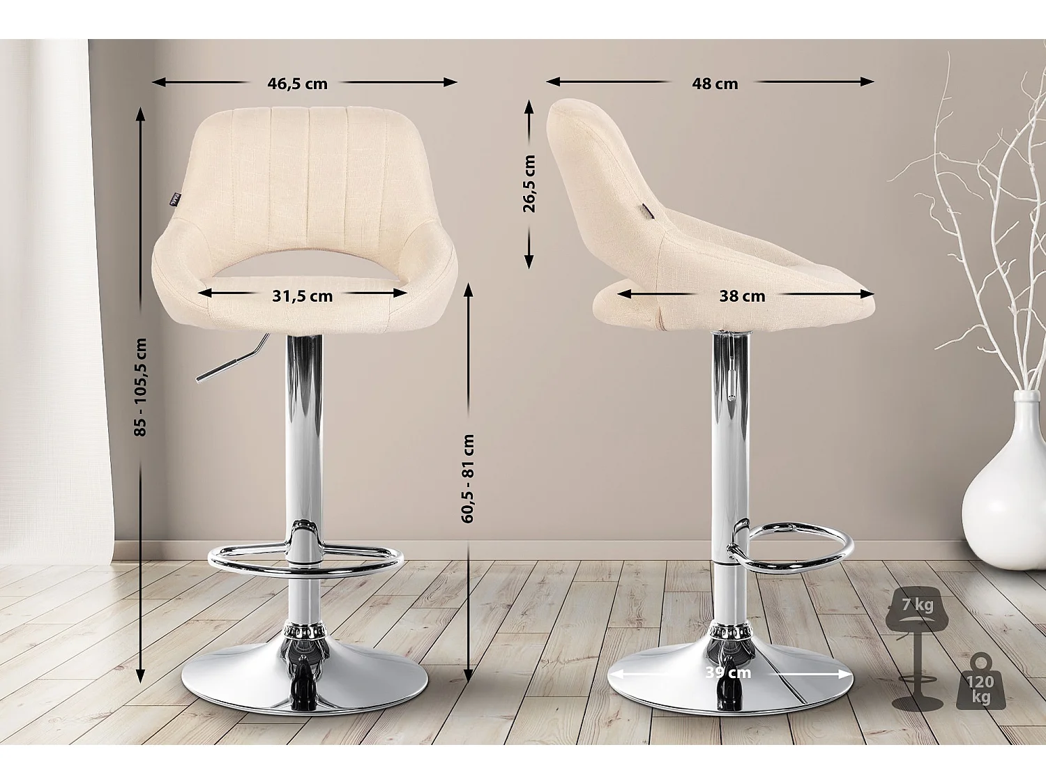 Tabouret de bar - Tissu & Chrome - Crème - Milet