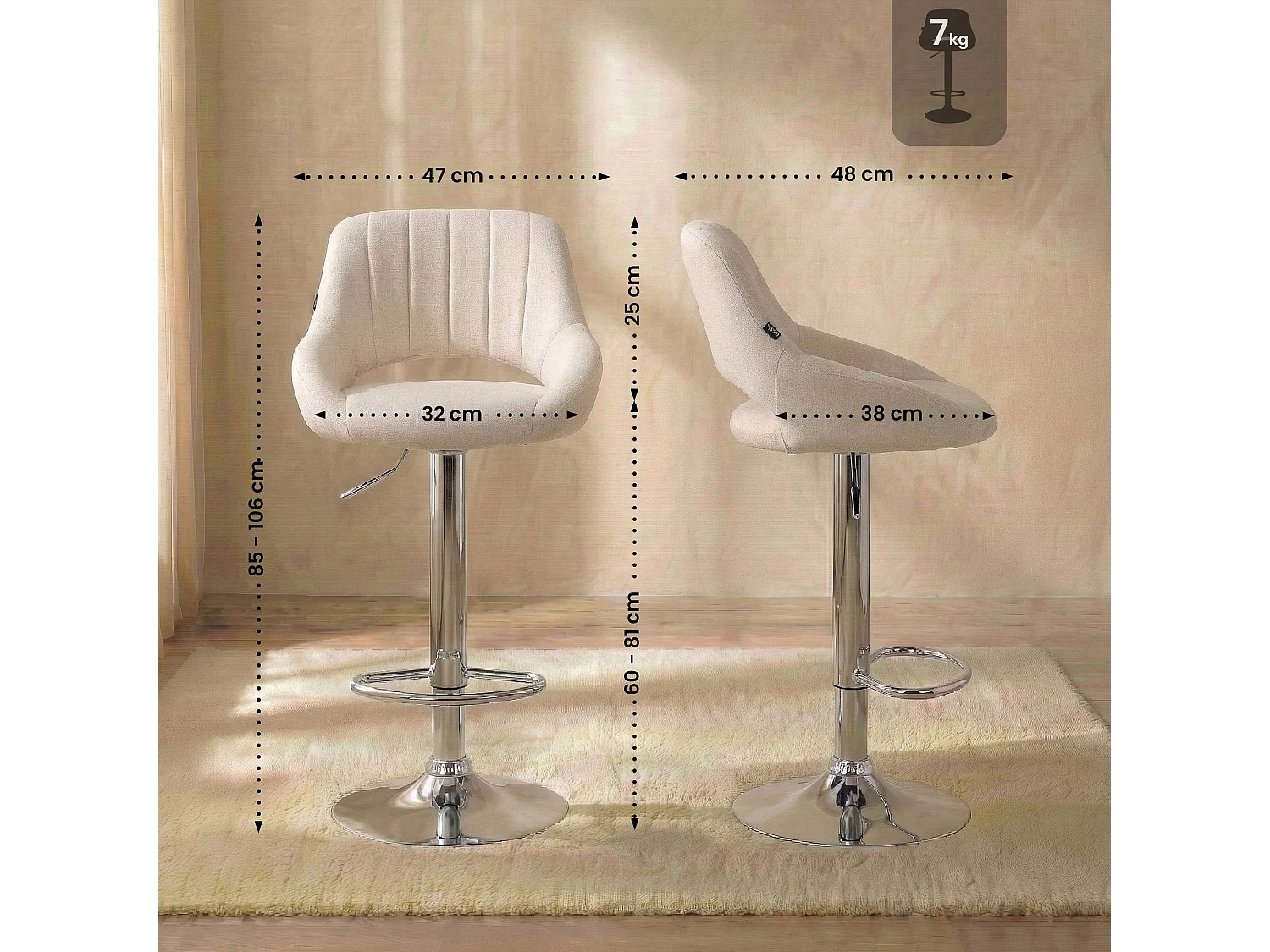 Tabouret de bar - Tissu & Chrome - Crème - Milet