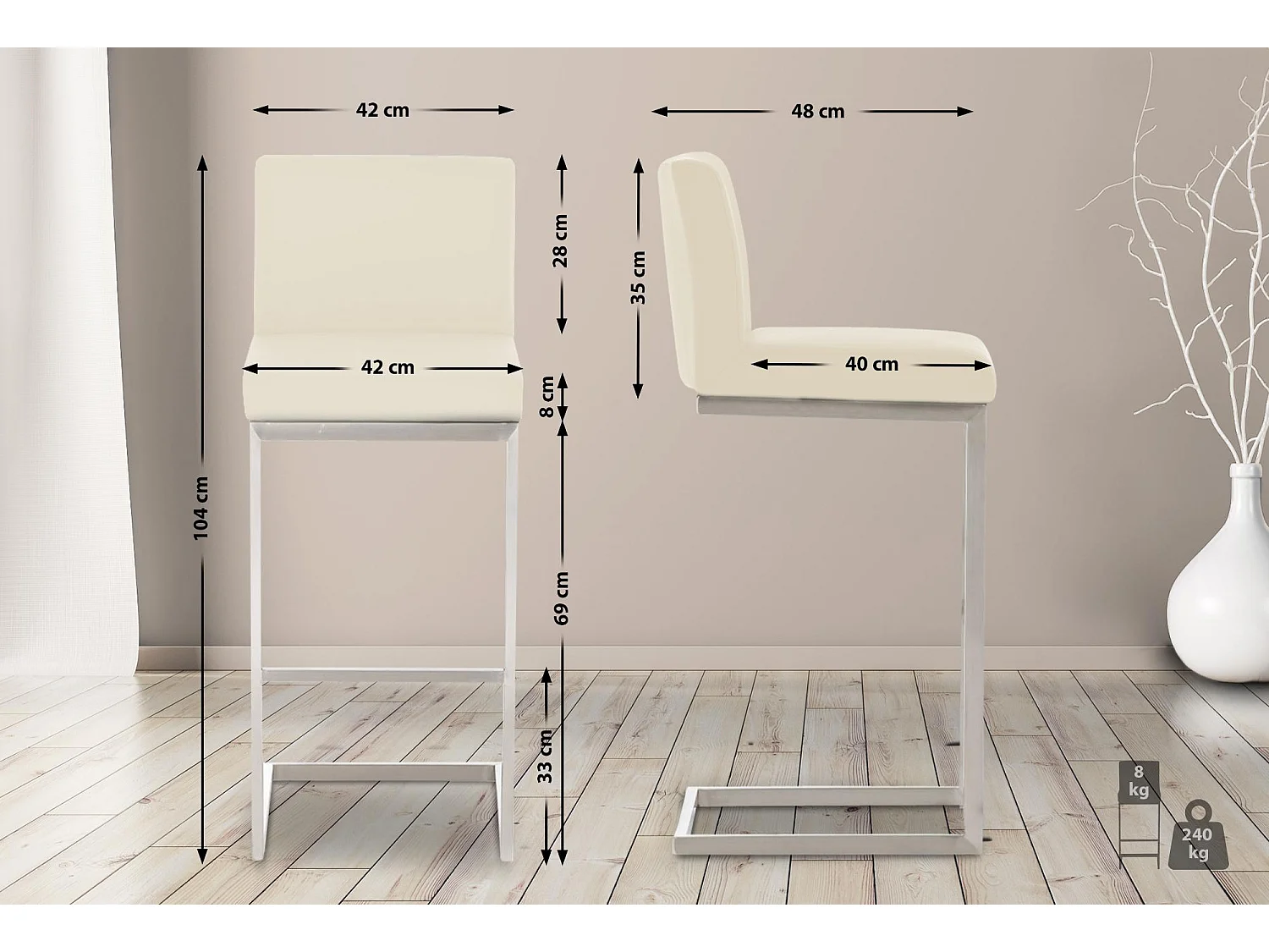 Lot de 2  Tabouret de bar - Similicuir - Crème - Paros