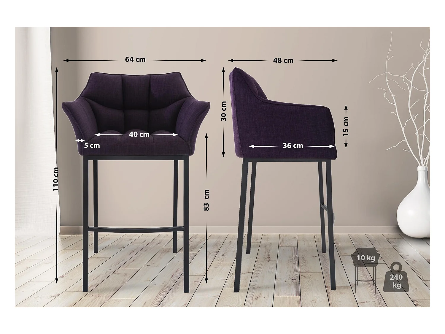 Barkruk - Stof & zwart - purper - Damaso