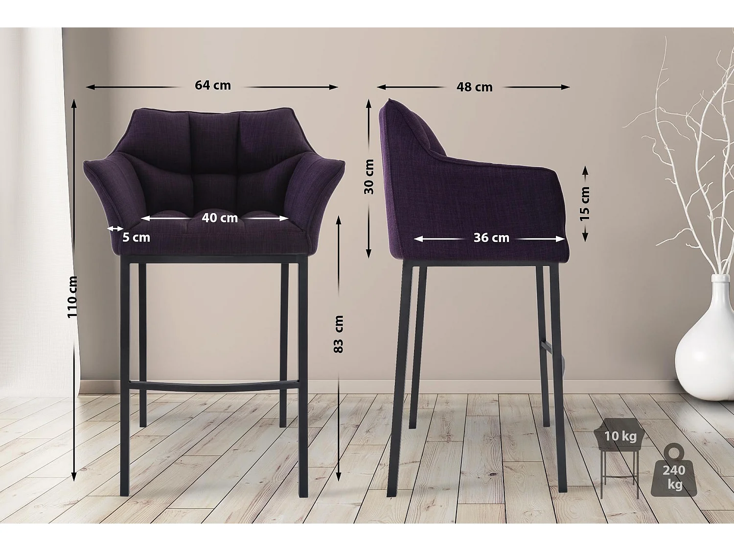 Tabouret de bar - Tissu & Noir - Violet - Damaso
