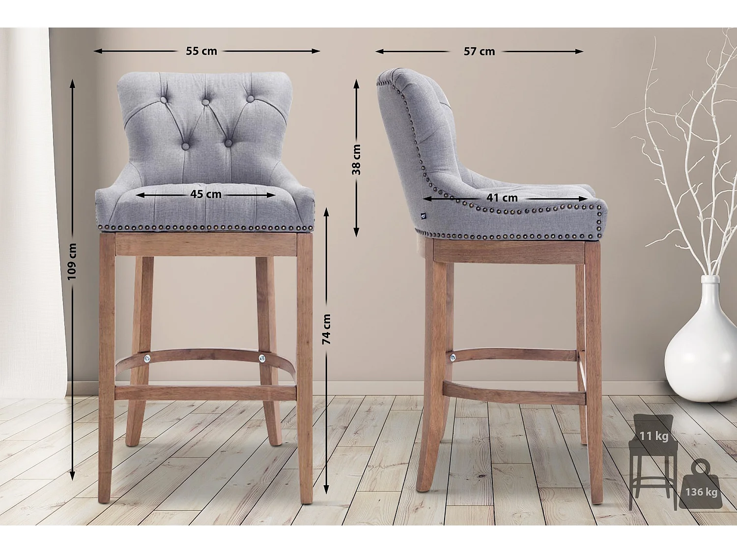 Tabouret de bar - Tissu & Acier inoxydable - Gris clair - Lakewood