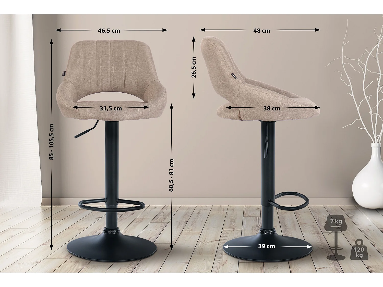 Tabouret de bar - Tissu & Noir - Taupe - Milet