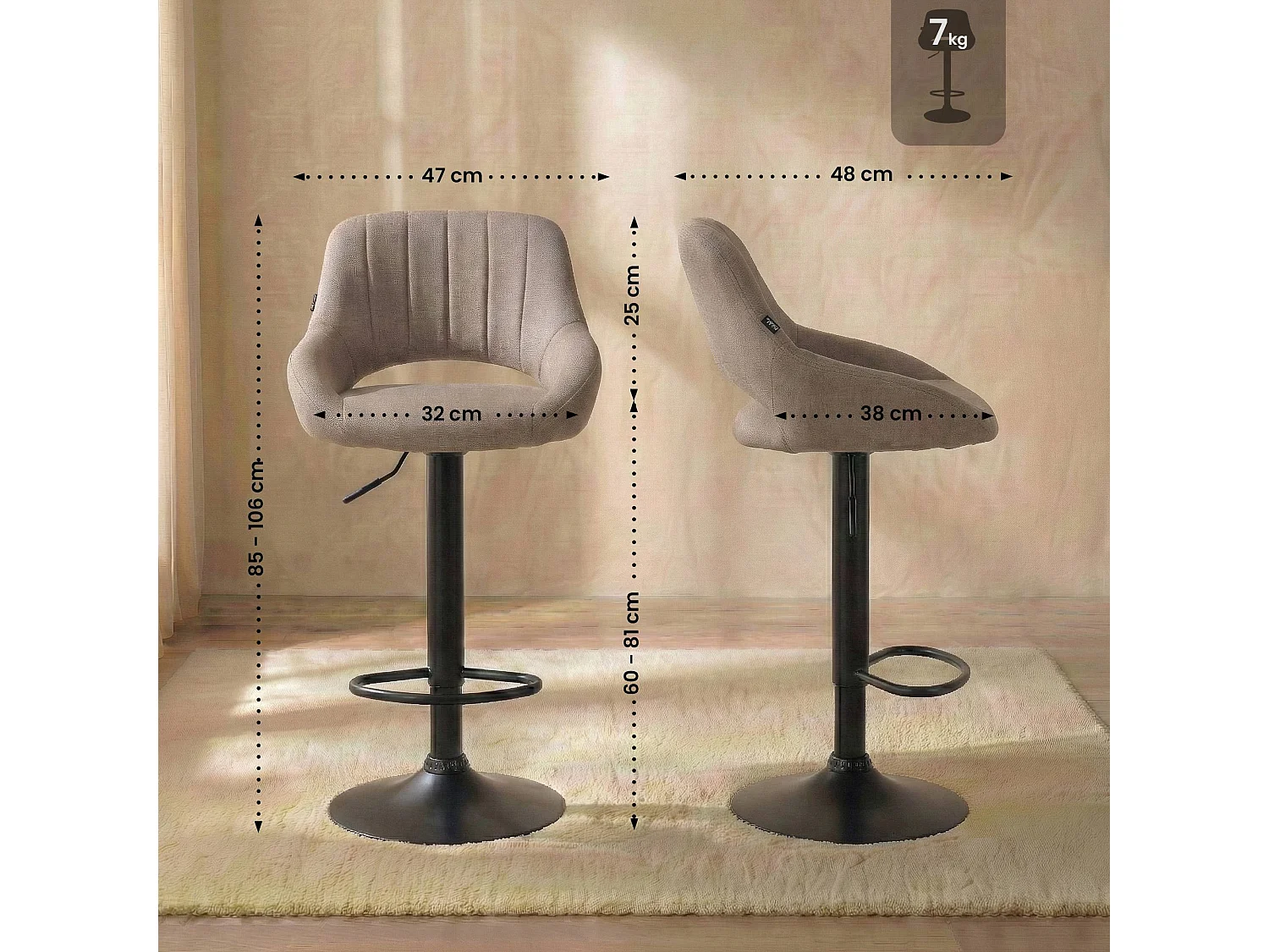 Tabouret de bar - Tissu & Noir - Taupe - Milet