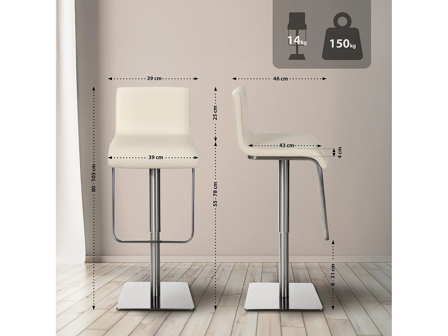 Tabouret de bar - Similicuir & Acier inoxydable - Crème - Limon