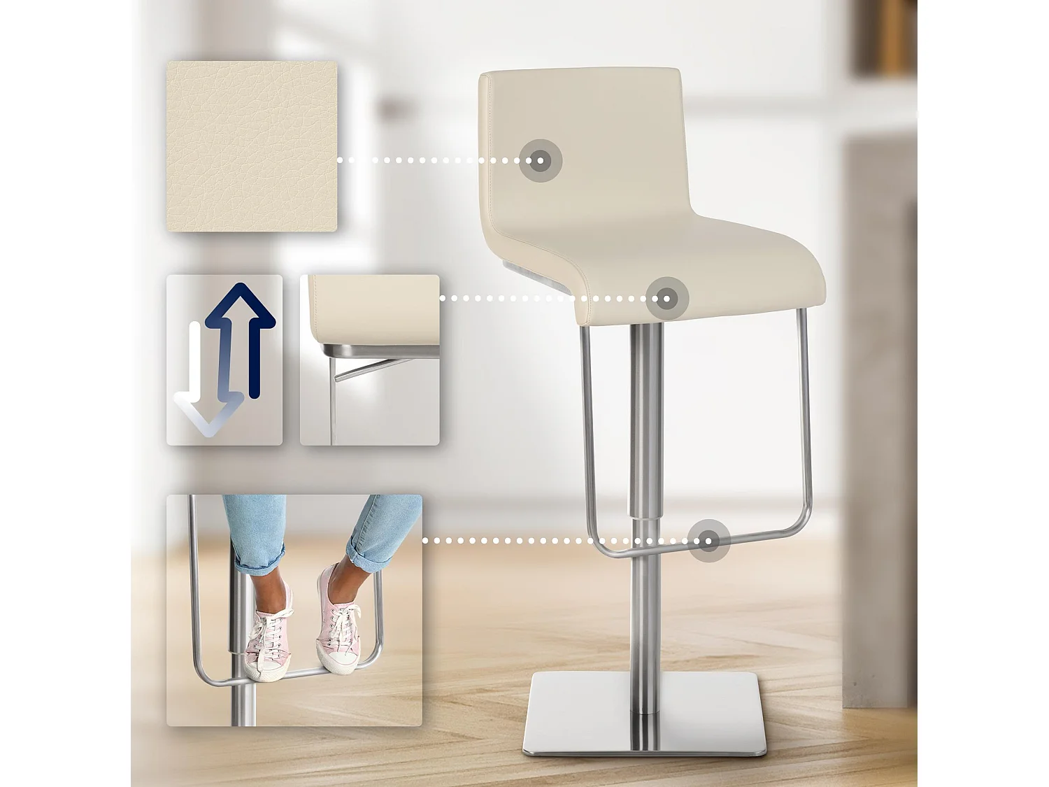 Tabouret de bar - Similicuir & Acier inoxydable - Crème - Limon