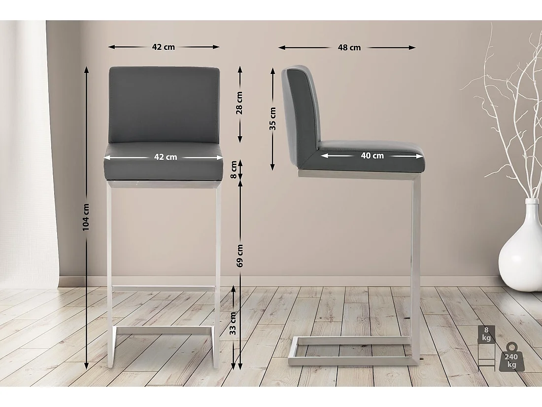 Tabouret de bar - Similicuir - Gris - Paros