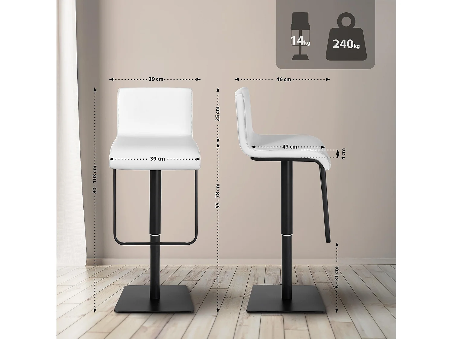 Lot de 2  Tabouret de bar - Similicuir & Noir - Blanc - Limon