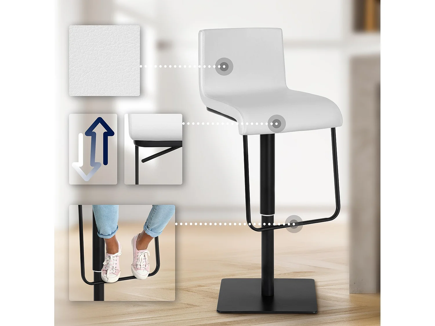 Lot de 2  Tabouret de bar - Similicuir & Noir - Blanc - Limon