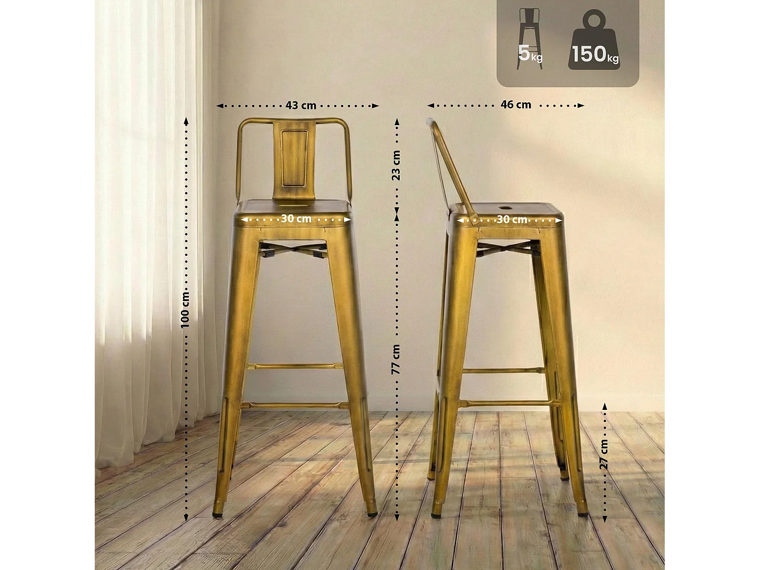 Lot de 2  Tabouret de bar - Métal - Or - Mason