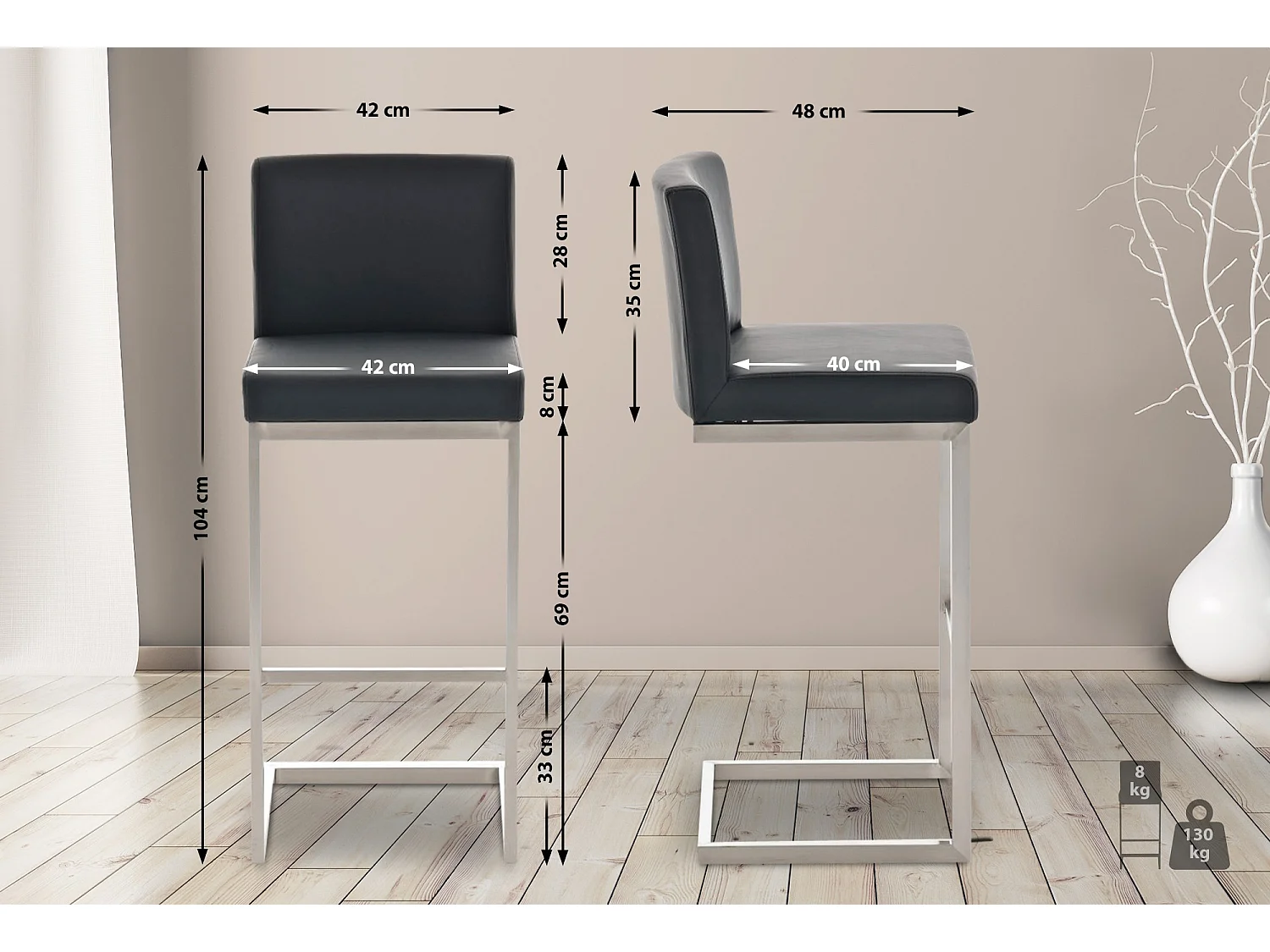 Lot de 2  Tabouret de bar - Similicuir - Noir - Paros