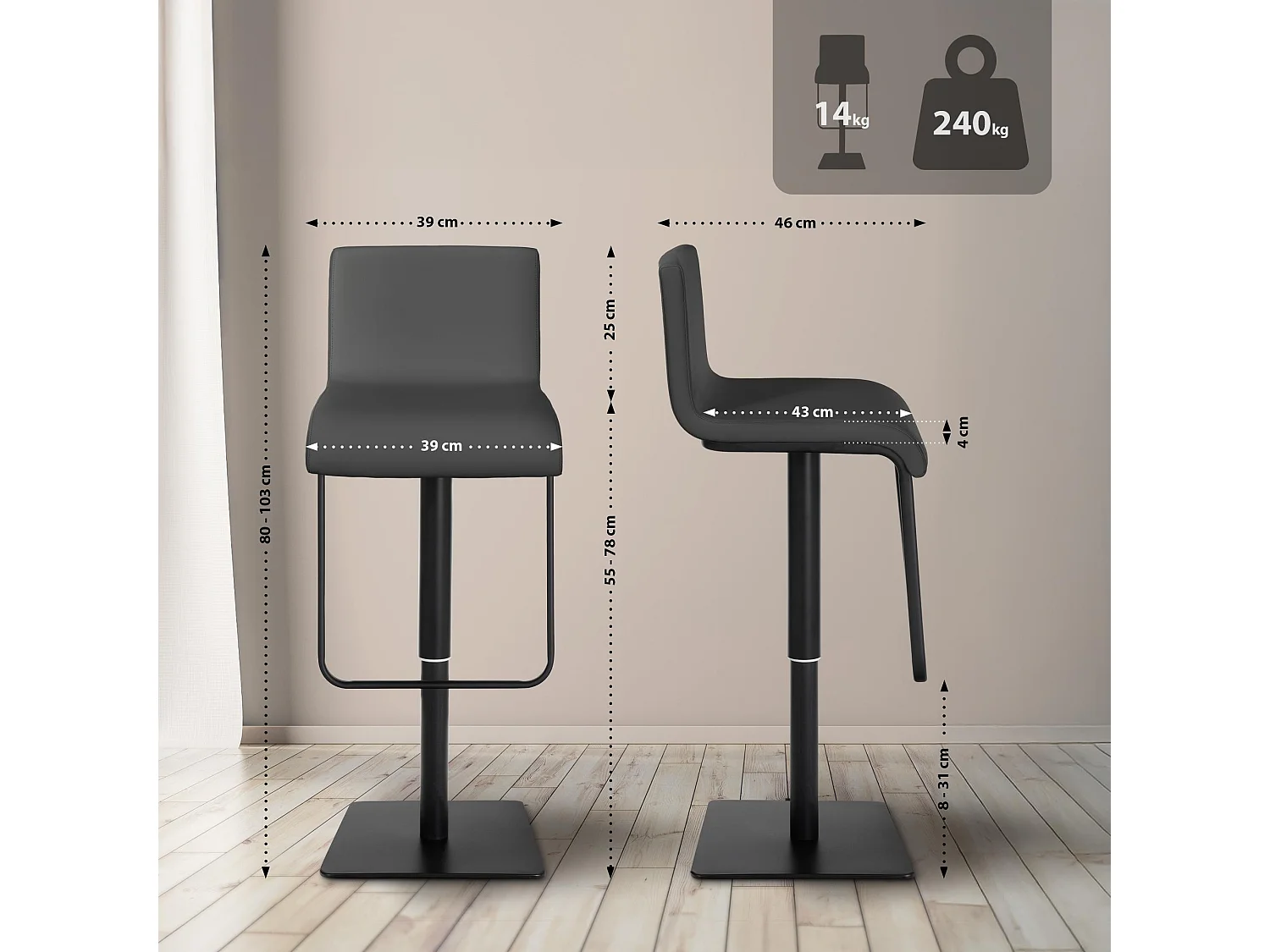 Lot de 2  Tabouret de bar - Similicuir & Noir - Gris - Limon