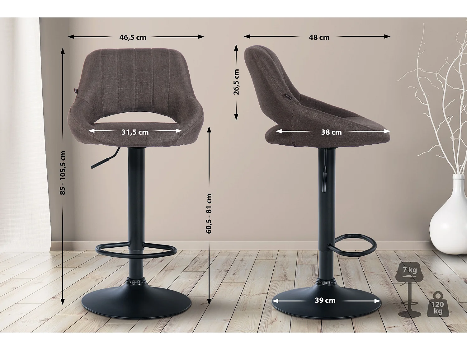 Tabouret de bar - Tissu & Noir - Gris foncé - Milet