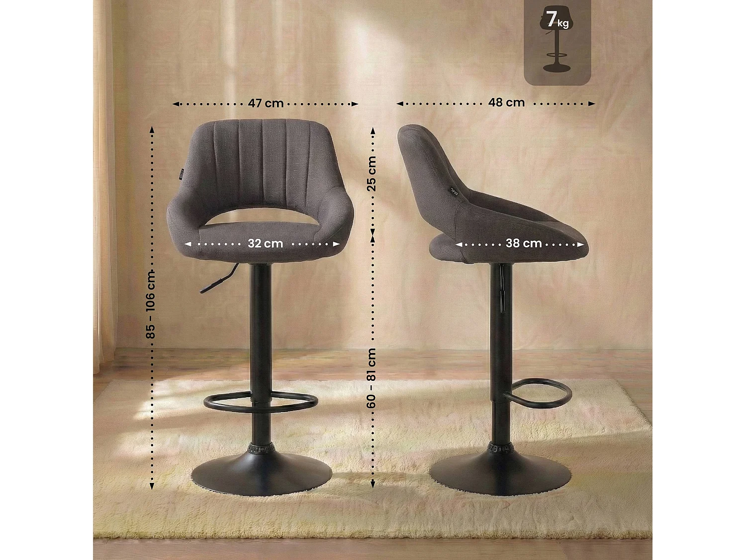 Tabouret de bar - Tissu & Noir - Gris foncé - Milet