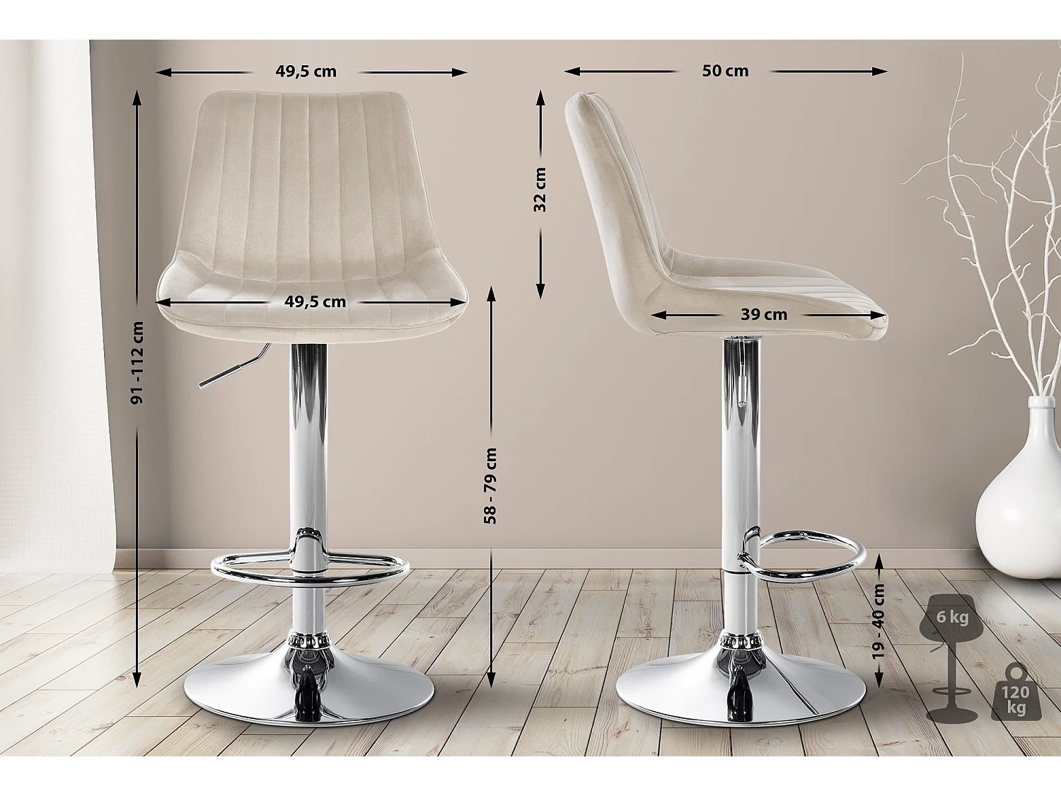 Tabouret de bar - Velours & Chrome - Crème - Toni