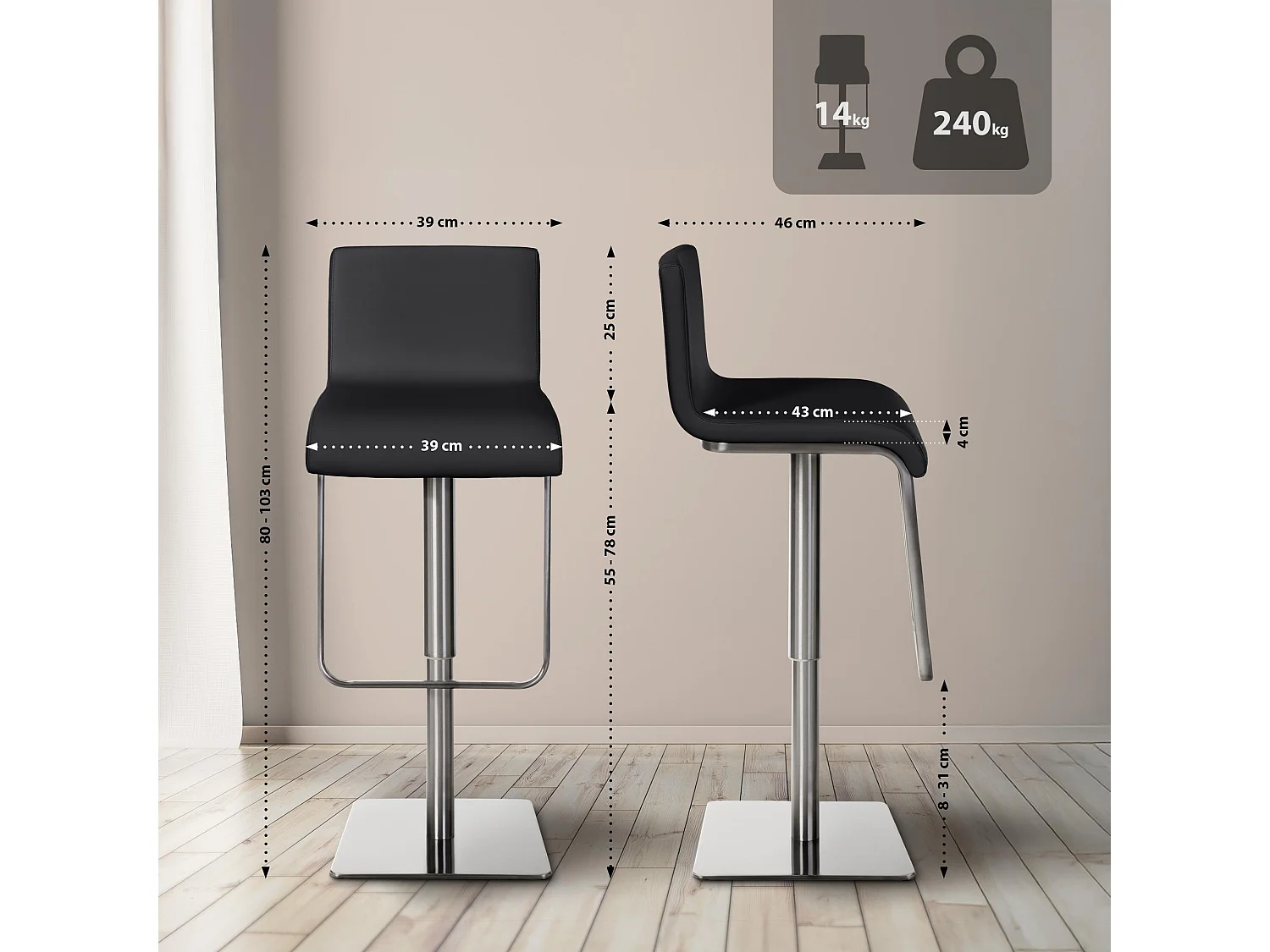 Lot de 2  Tabouret de bar - Similicuir & Acier inoxydable - Noir - Limon