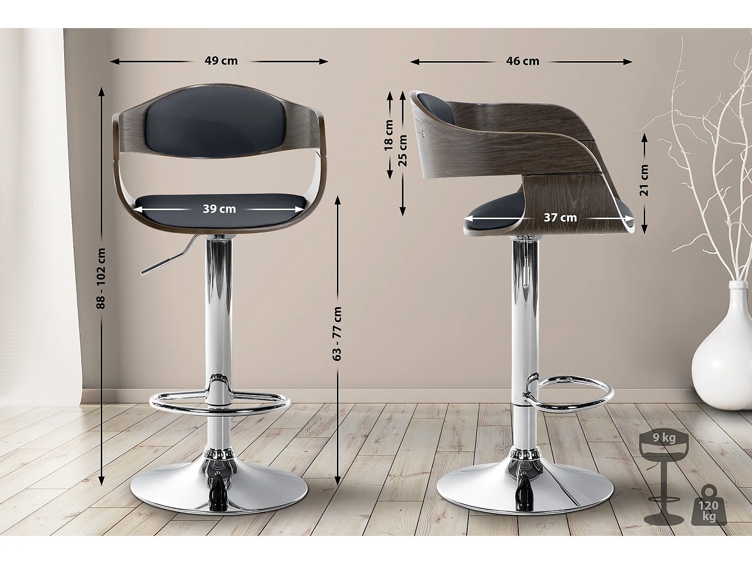 Tabouret de bar - Similicuir - Noir / Gris - Kingston