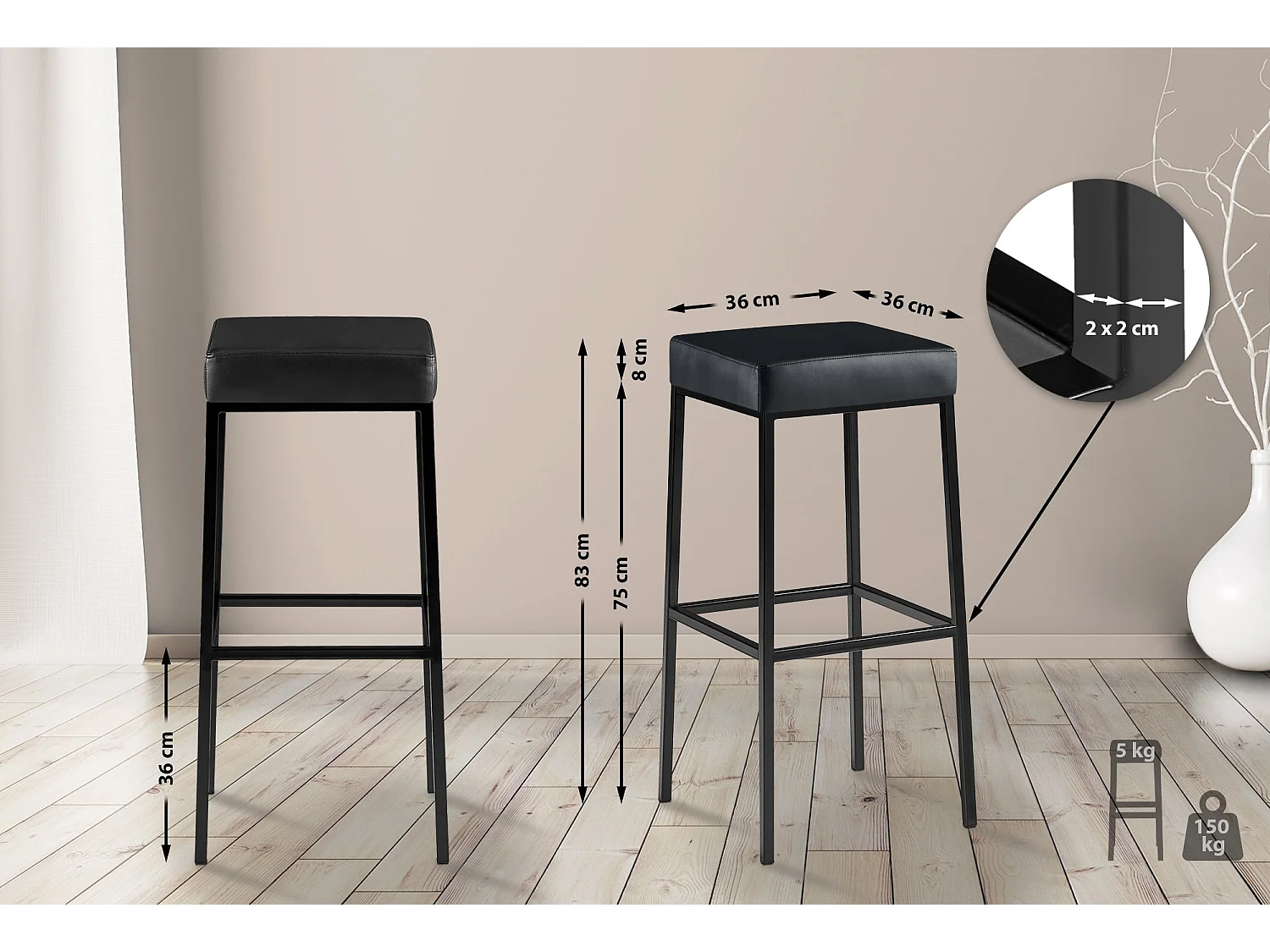 Lot de 2  Tabouret de bar - Similicuir & Noir - Noir - Montreal 85