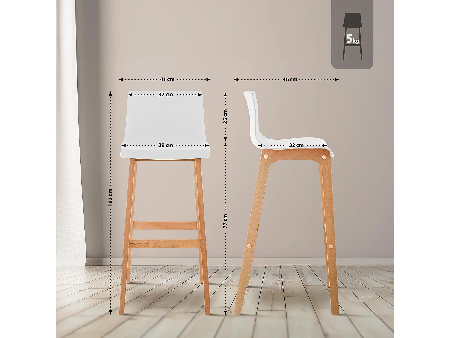 Lot de 2  Tabouret de bar - Bois - Blanc - Hover