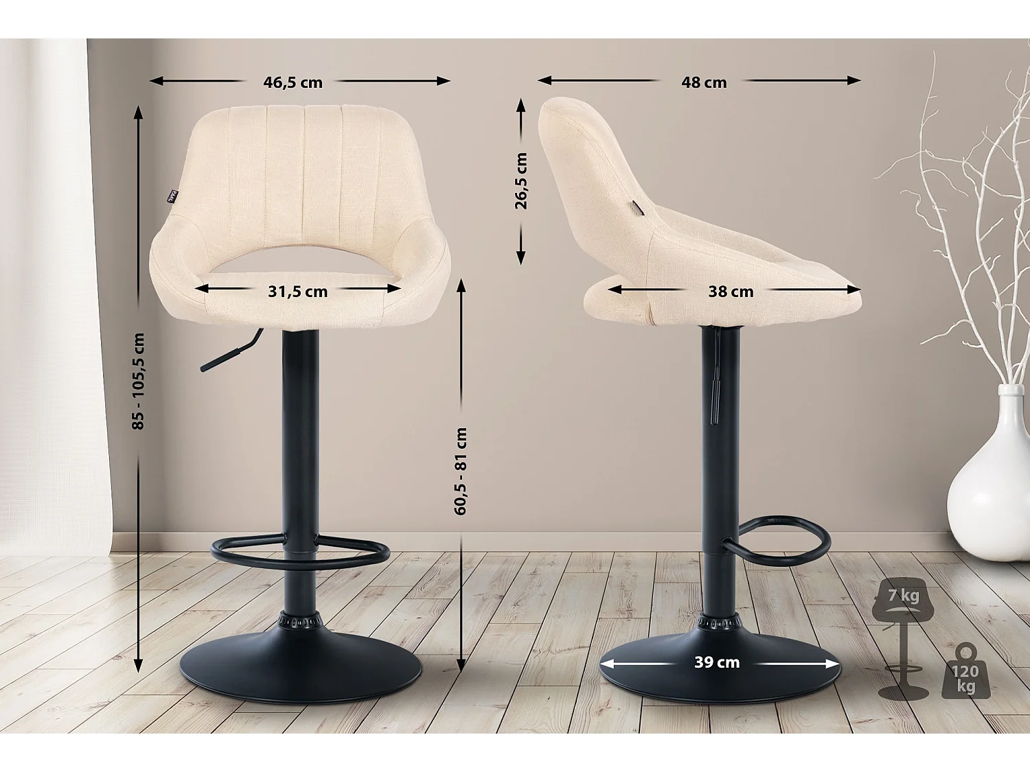 Tabouret de bar - Tissu & Noir - Crème - Milet