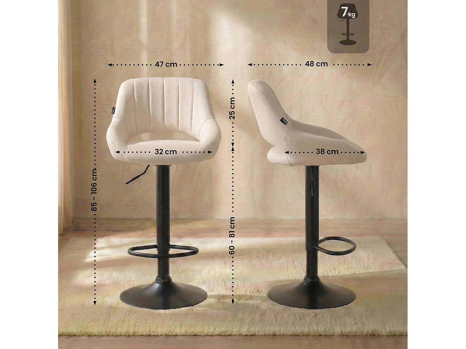 Tabouret de bar - Tissu & Noir - Crème - Milet
