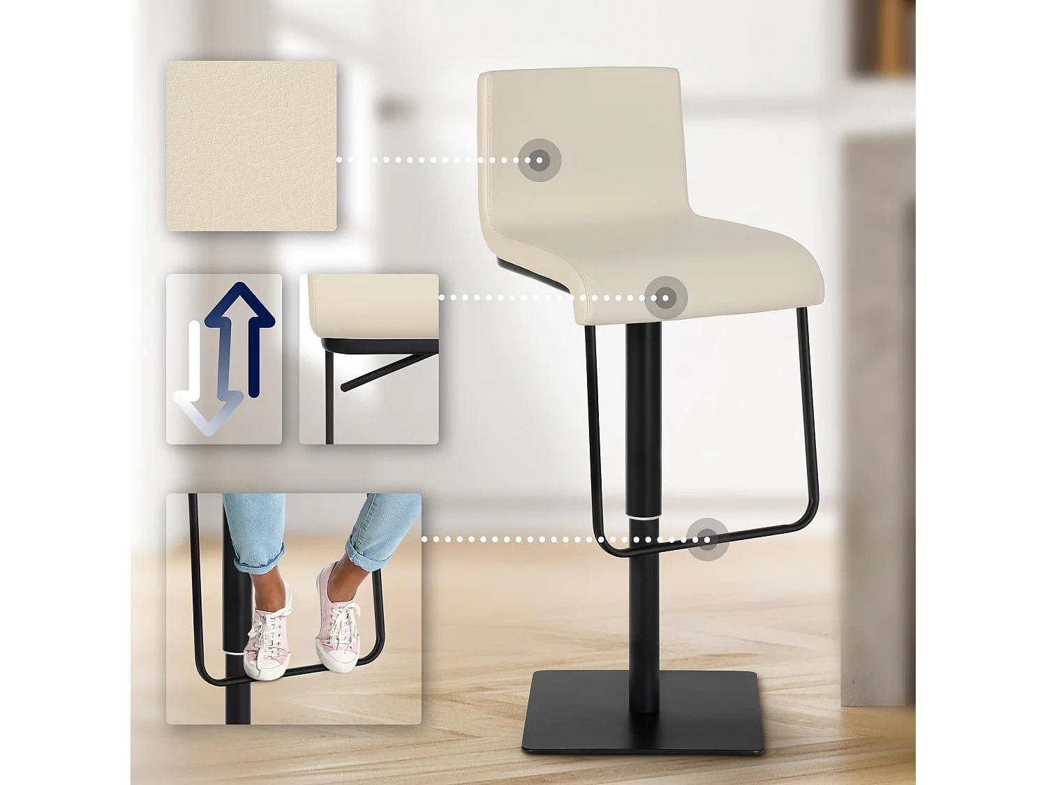 Lot de 2  Tabouret de bar - Similicuir & Noir - Crème - Limon