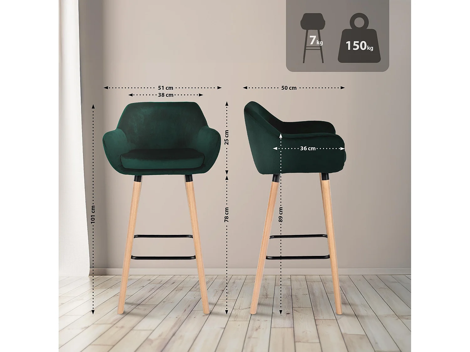 Lot de 2  Tabouret de bar - Velours - Vert - Grant