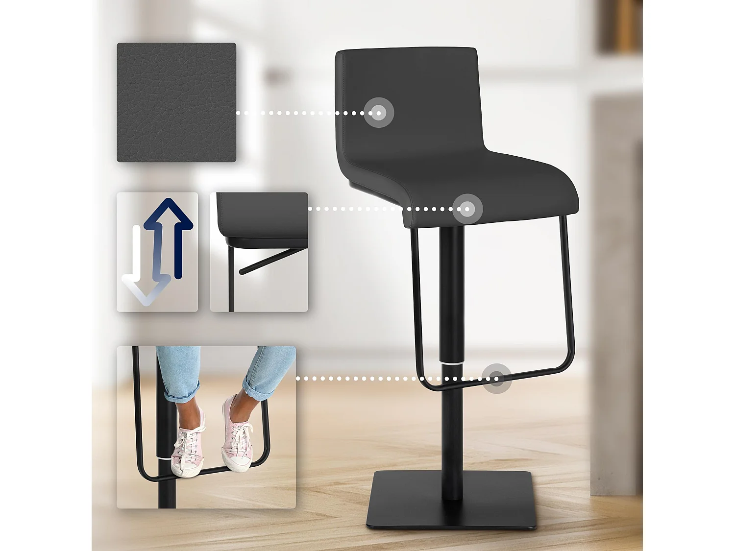 Tabouret de bar - Similicuir & Noir - Gris - Limon