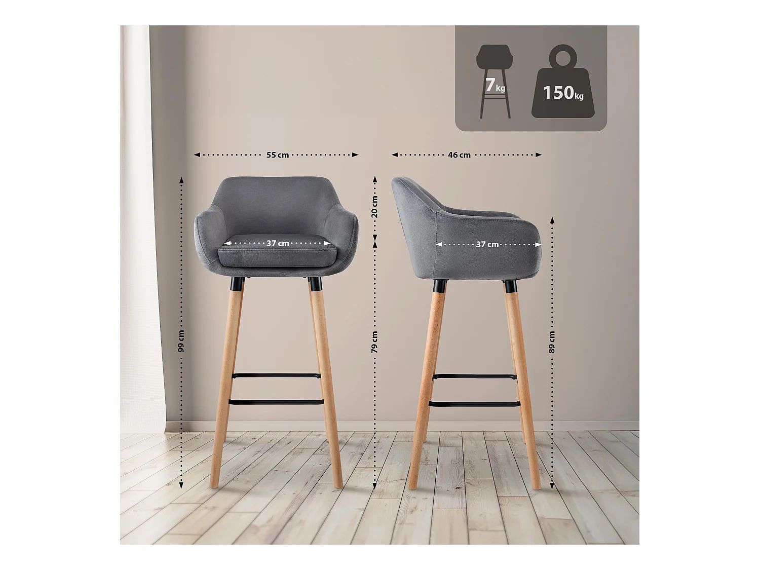 Lot de 2  Tabouret de bar - Velours - Gris - Grant