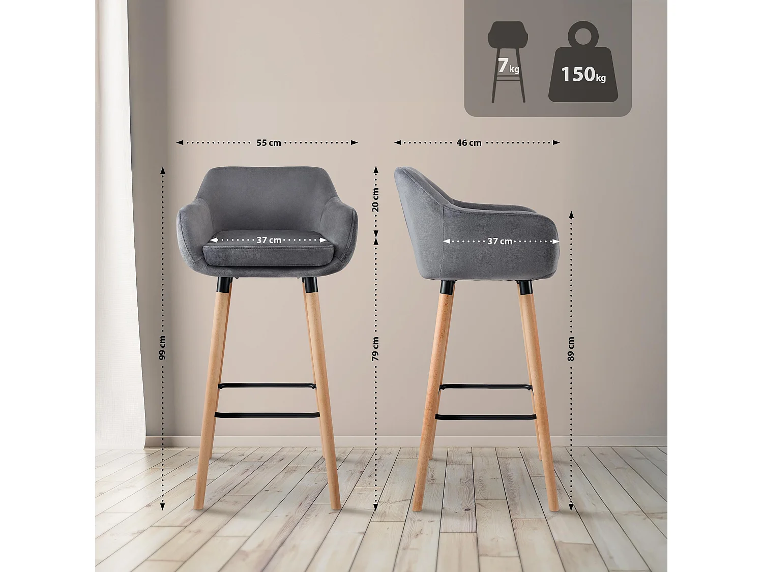 Lot de 2  Tabouret de bar - Velours & Chrome - Gris - Grant