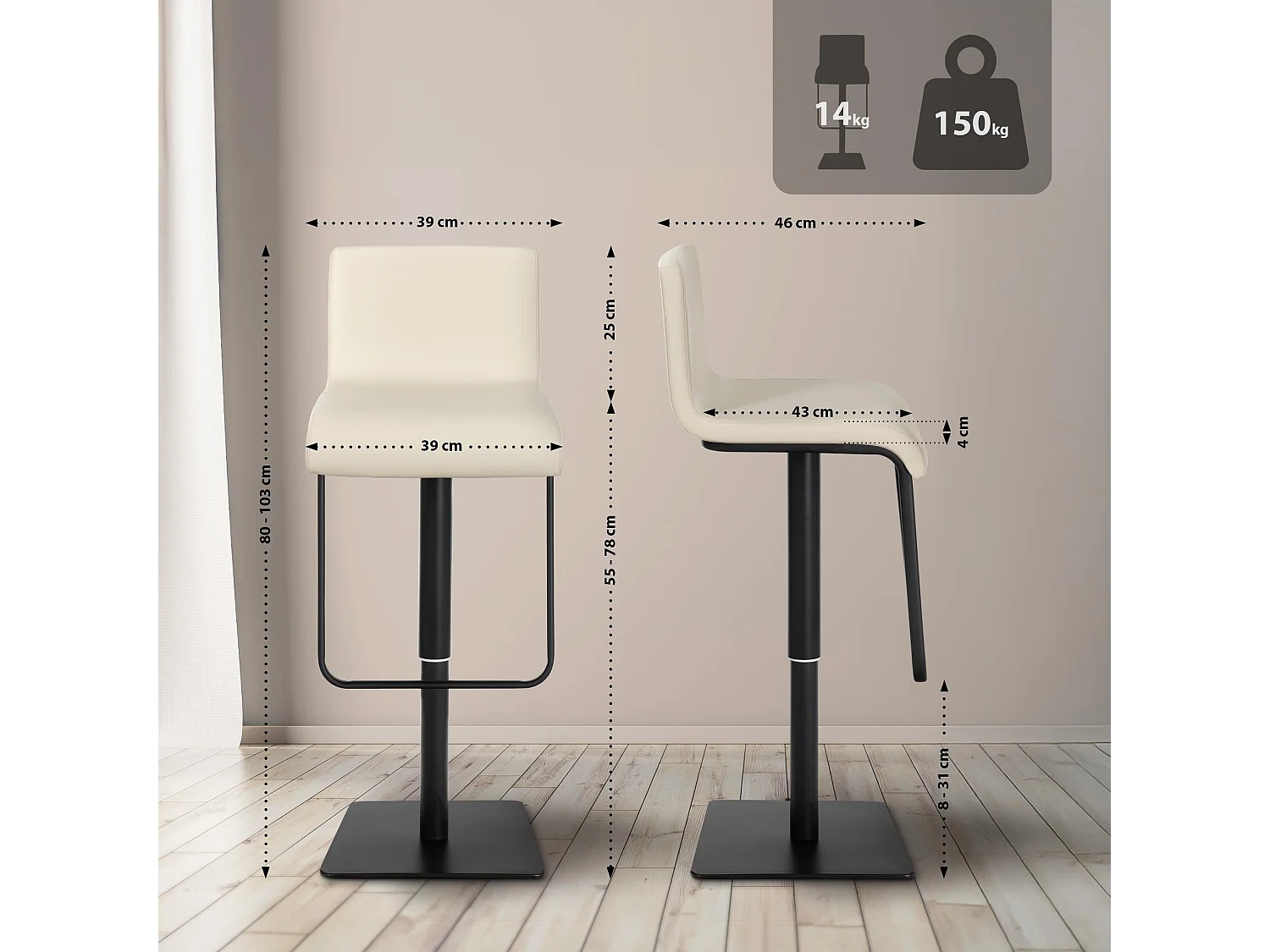 Barhocker - Kunstleder & schwarz - creme - Limon