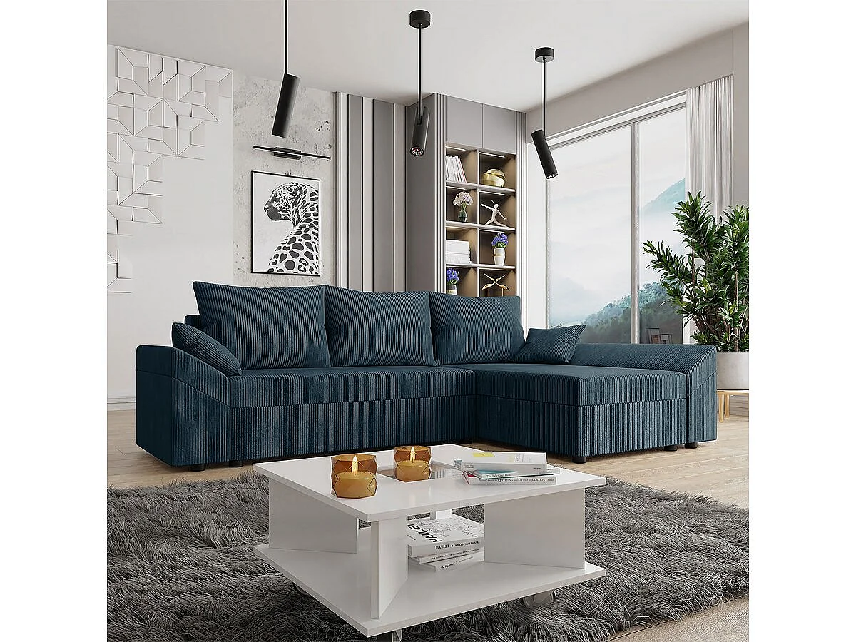 Canapé d'angle convertible avec coffre "Vaugirard" en velours côtelé - 3 places - Bleu