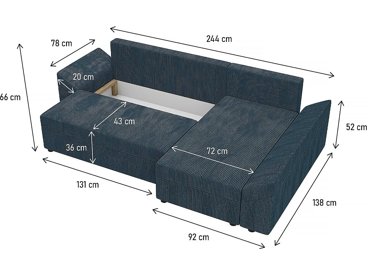 Canapé d'angle convertible avec coffre "Vaugirard" en velours côtelé - 3 places - Bleu