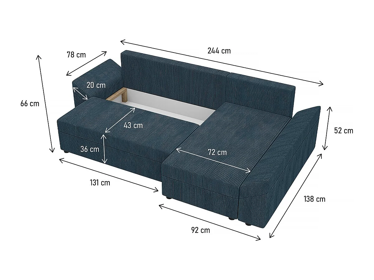 Canapé d'angle convertible avec coffre "Vaugirard" en velours côtelé - 3 places - Bleu