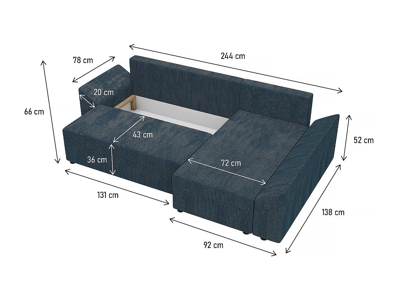 Canapé d'angle convertible avec coffre "Vaugirard" en velours côtelé - 3 places - Bleu